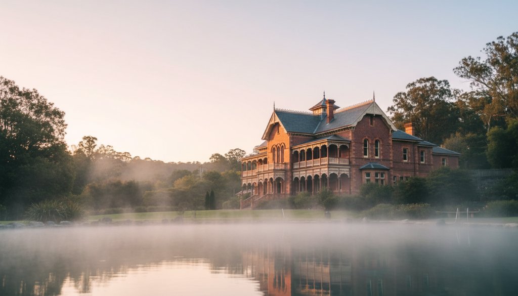 Dramatic wide shot capturing the timeless Hepburn Springs heritage architecture photography of the historic Hepburn Bathhouse at sunrise, with golden light illuminating its ornate facade and steam rising from the springs in the foreground, creating a mystical, professional portfolio hero shot.