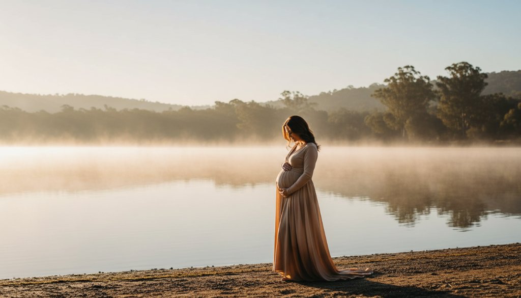 A glowing pregnant woman, gracefully posed amidst the soft, ethereal mist of a sunrise over Lake Daylesford, capturing a timeless Hepburn Springs maternity photoshoot experience with dramatic cinematic lighting.