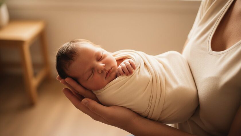 A close-up, heartwarming portrait capturing timeless Herne Hill newborn photography moments, featuring a baby peacefully sleeping on a soft, textured blanket, bathed in gentle, warm light, with a parent's hand softly cradling them, evoking a sense of serenity and profound love.