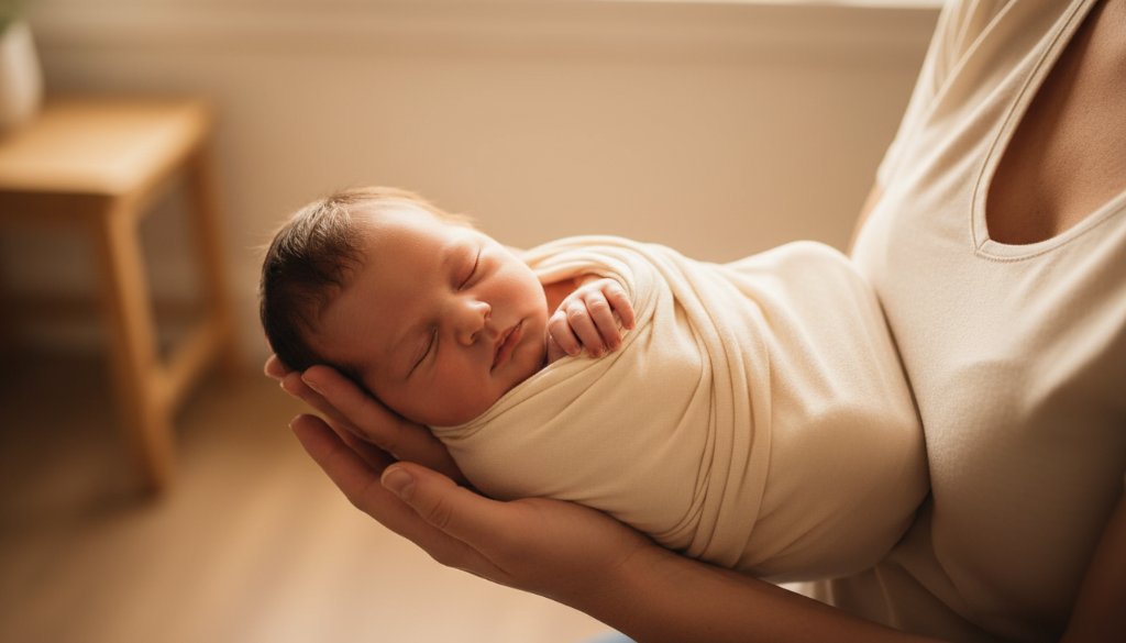 A close-up, heartwarming portrait capturing timeless Herne Hill newborn photography moments, featuring a baby peacefully sleeping on a soft, textured blanket, bathed in gentle, warm light, with a parent's hand softly cradling them, evoking a sense of serenity and profound love.