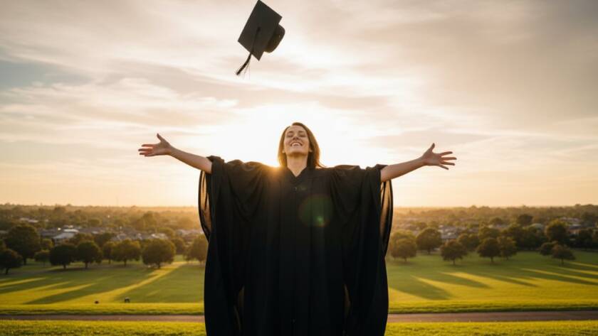 A jubilant graduate, cap triumphantly thrown high against a dramatic sunset sky over a scenic Keilor Park backdrop, embodying timeless Keilor Park graduation photos Victoria, with professional lighting accentuating their joyful expression and a wide, heartfelt smile.
