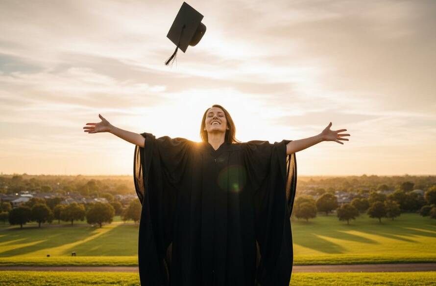 A jubilant graduate, cap triumphantly thrown high against a dramatic sunset sky over a scenic Keilor Park backdrop, embodying timeless Keilor Park graduation photos Victoria, with professional lighting accentuating their joyful expression and a wide, heartfelt smile.