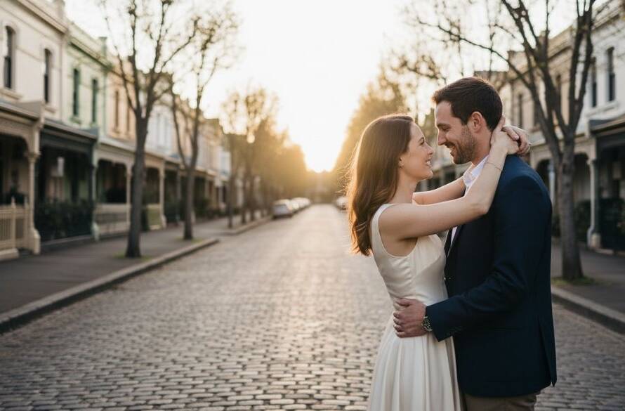 A dramatic, cinematic photograph showcasing a couple embracing passionately at sunset on a quiet street in Kingsville, highlighting their timeless Kingsville pre-wedding photography experience Victoria, with warm, golden light silhouetting them against historic Victorian architecture.