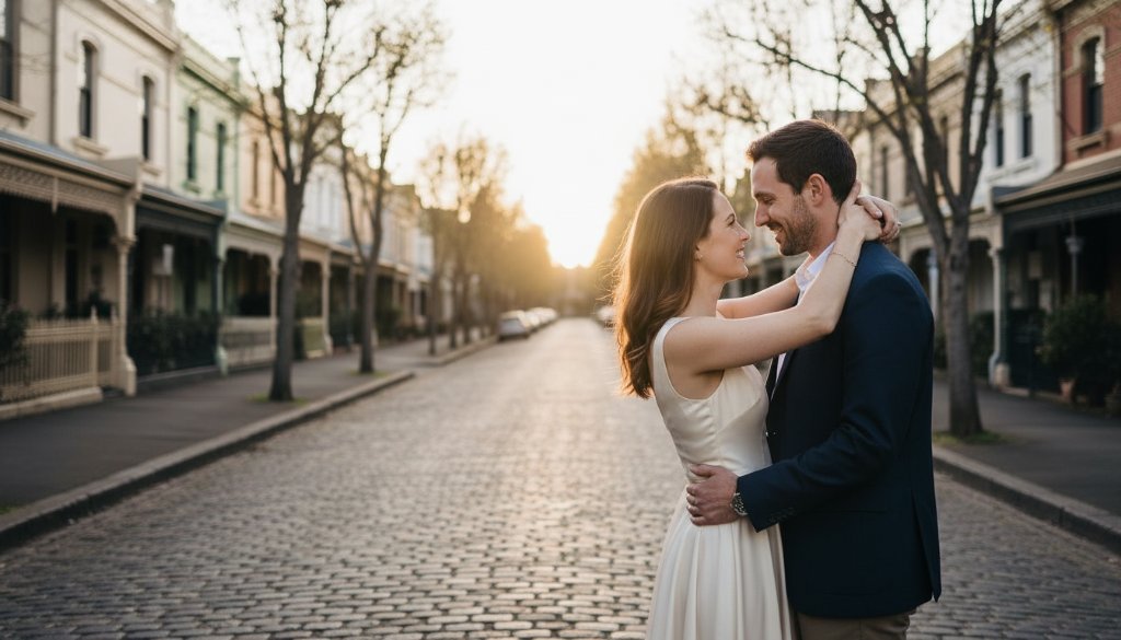 A dramatic, cinematic photograph showcasing a couple embracing passionately at sunset on a quiet street in Kingsville, highlighting their timeless Kingsville pre-wedding photography experience Victoria, with warm, golden light silhouetting them against historic Victorian architecture.