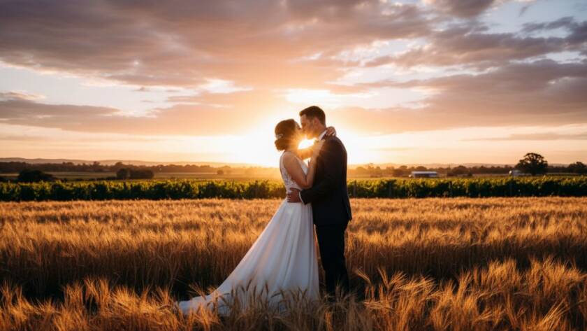An epic moment of a newlywed couple embracing passionately under a dramatic sunset sky in a Koo Wee Rup vineyard, showcasing timeless Koo Wee Rup wedding photography capturing genuine love, with golden hour light silhouetting them beautifully.