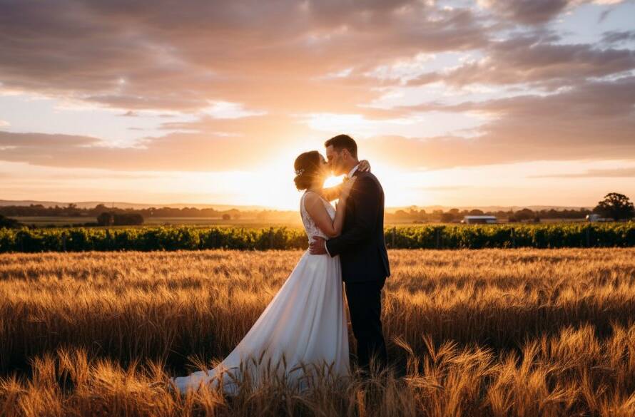 An epic moment of a newlywed couple embracing passionately under a dramatic sunset sky in a Koo Wee Rup vineyard, showcasing timeless Koo Wee Rup wedding photography capturing genuine love, with golden hour light silhouetting them beautifully.
