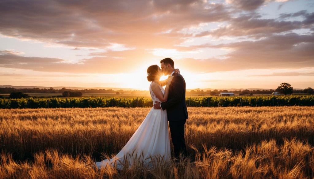 An epic moment of a newlywed couple embracing passionately under a dramatic sunset sky in a Koo Wee Rup vineyard, showcasing timeless Koo Wee Rup wedding photography capturing genuine love, with golden hour light silhouetting them beautifully.