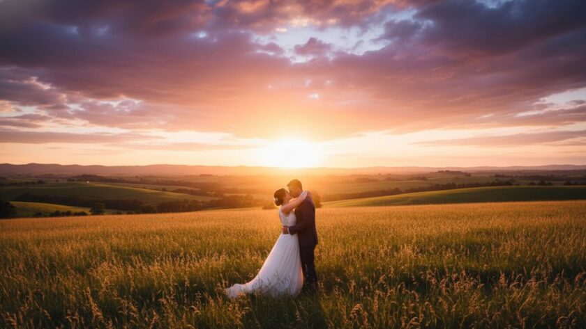 An epic moment of a bride and groom embracing passionately in a golden field at sunset, showcasing timeless Korumburra Countryside Wedding Photography, with rolling hills and dramatic clouds in the background, professionally colour-graded.