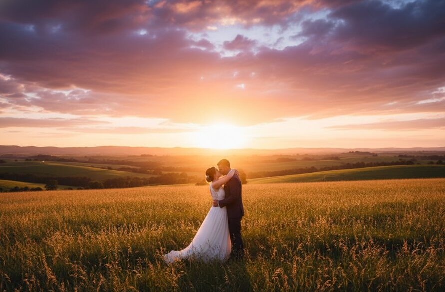 An epic moment of a bride and groom embracing passionately in a golden field at sunset, showcasing timeless Korumburra Countryside Wedding Photography, with rolling hills and dramatic clouds in the background, professionally colour-graded.