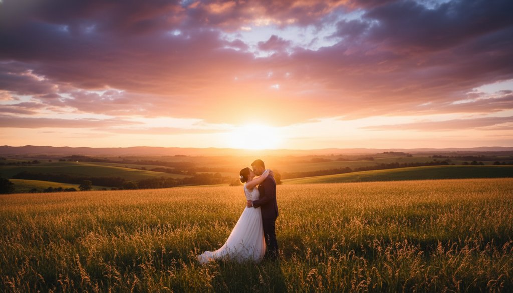 An epic moment of a bride and groom embracing passionately in a golden field at sunset, showcasing timeless Korumburra Countryside Wedding Photography, with rolling hills and dramatic clouds in the background, professionally colour-graded.