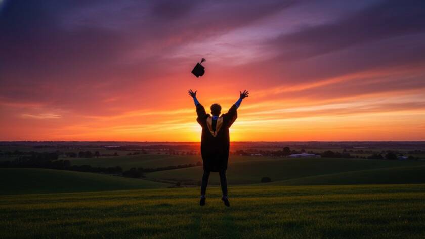 A graduating student in cap and gown, beaming with joy, throws their cap high against a dramatic sunset sky over the rolling green hills of Lang Lang, perfectly embodying Timeless Lang Lang Graduation Photography for Lasting Memories, captured in an epic, professionally colour-graded shot.