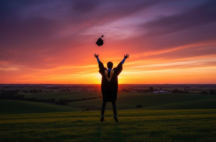 A graduating student in cap and gown, beaming with joy, throws their cap high against a dramatic sunset sky over the rolling green hills of Lang Lang, perfectly embodying Timeless Lang Lang Graduation Photography for Lasting Memories, captured in an epic, professionally colour-graded shot.
