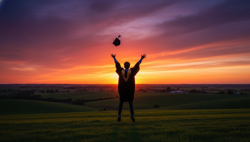 A graduating student in cap and gown, beaming with joy, throws their cap high against a dramatic sunset sky over the rolling green hills of Lang Lang, perfectly embodying Timeless Lang Lang Graduation Photography for Lasting Memories, captured in an epic, professionally colour-graded shot.