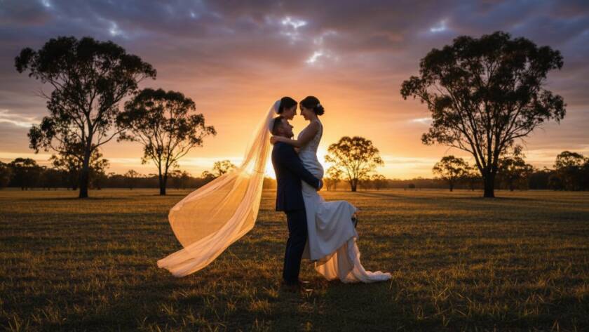 A stunning, golden hour portrait showcasing a newly married couple embracing lovingly in a sun-drenched vineyard, epitomizing timeless Langwarrin wedding photography for enchanting memories, with the bride's veil flowing gracefully in the gentle breeze.