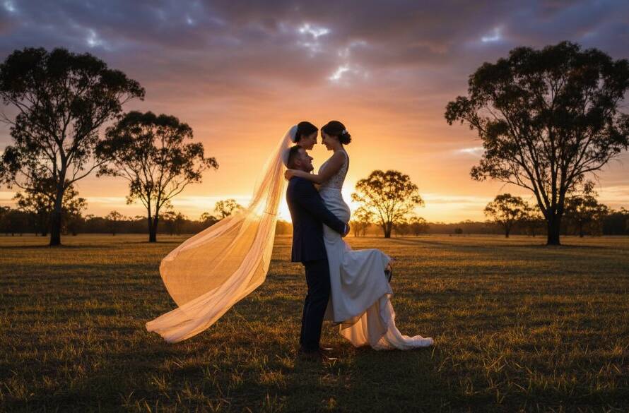 A stunning, golden hour portrait showcasing a newly married couple embracing lovingly in a sun-drenched vineyard, epitomizing timeless Langwarrin wedding photography for enchanting memories, with the bride's veil flowing gracefully in the gentle breeze.