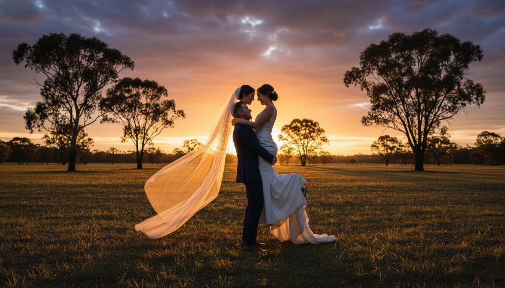 A stunning, golden hour portrait showcasing a newly married couple embracing lovingly in a sun-drenched vineyard, epitomizing timeless Langwarrin wedding photography for enchanting memories, with the bride's veil flowing gracefully in the gentle breeze.