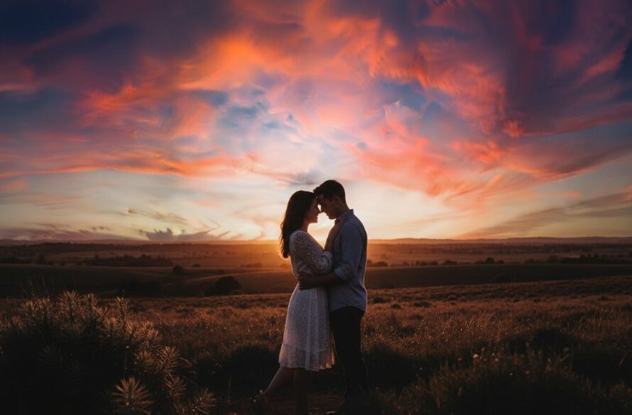An epic, emotionally resonant photograph capturing a couple embracing passionately at sunset in Lucas, Victoria, showcasing the timeless Lucas Victoria engagement photography style with dramatic backlighting and warm, professional colour grading.