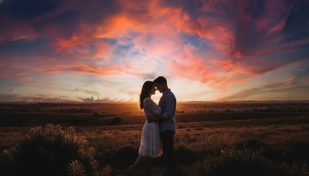 An epic, emotionally resonant photograph capturing a couple embracing passionately at sunset in Lucas, Victoria, showcasing the timeless Lucas Victoria engagement photography style with dramatic backlighting and warm, professional colour grading.