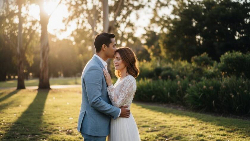 An intimate, epic moment captured during a timeless Lyndhurst pre-wedding photography Melbourne SE session, featuring a couple embracing under dramatic golden hour light in a beautiful, natural park setting.