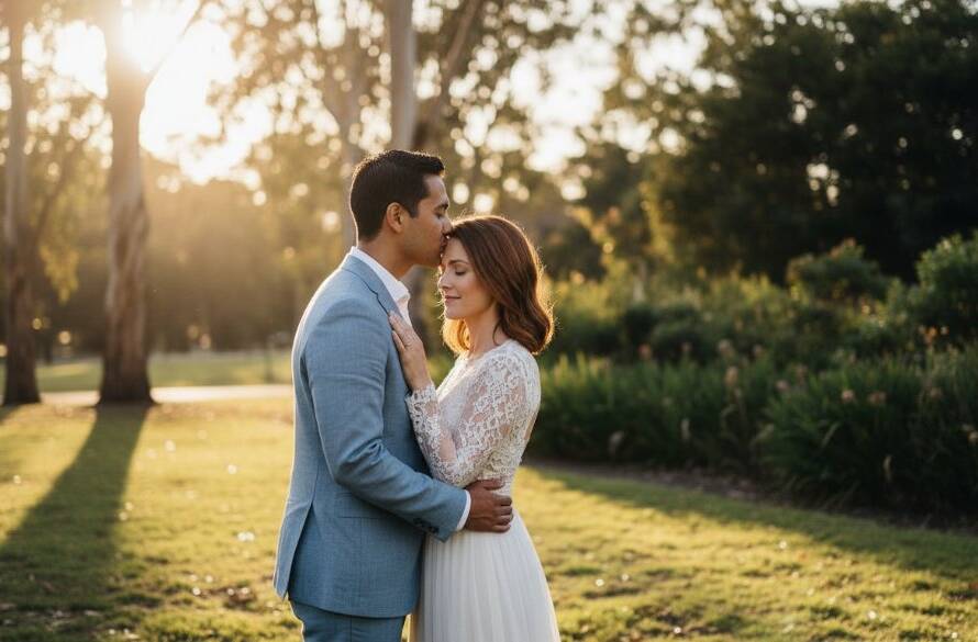 An intimate, epic moment captured during a timeless Lyndhurst pre-wedding photography Melbourne SE session, featuring a couple embracing under dramatic golden hour light in a beautiful, natural park setting.