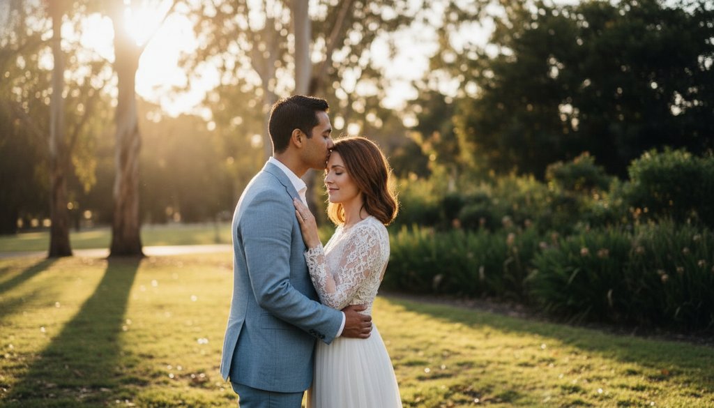 An intimate, epic moment captured during a timeless Lyndhurst pre-wedding photography Melbourne SE session, featuring a couple embracing under dramatic golden hour light in a beautiful, natural park setting.