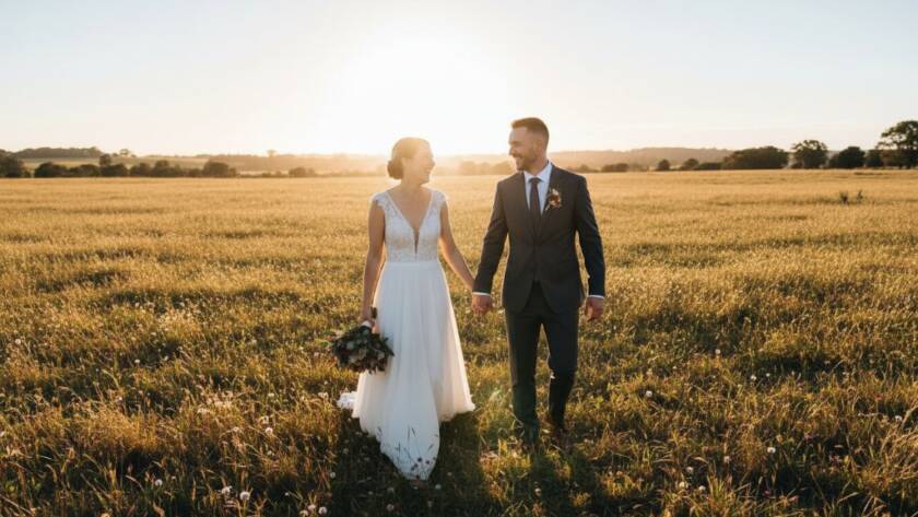 A newlywed couple shares an intimate, joyful glance amidst the golden hour light at a beautiful Manor Lakes vineyard, capturing timeless Manor Lakes wedding photography candid moments with cinematic flair and emotional depth.