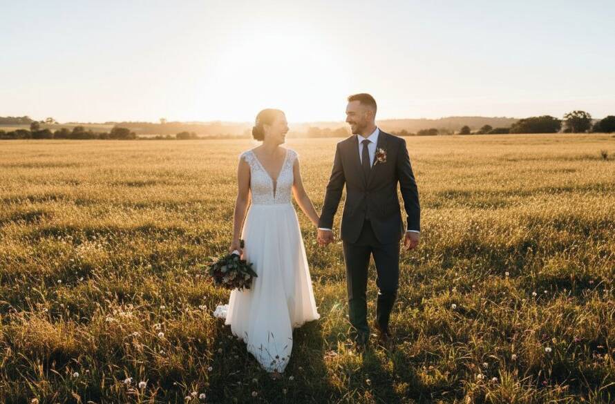 A newlywed couple shares an intimate, joyful glance amidst the golden hour light at a beautiful Manor Lakes vineyard, capturing timeless Manor Lakes wedding photography candid moments with cinematic flair and emotional depth.