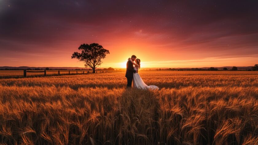 A stunning wide shot capturing timeless Marong Victoria country wedding photography, featuring a newly married couple embracing passionately at sunset in a golden field, dramatic warm light, professional color grading, showcasing rural charm.