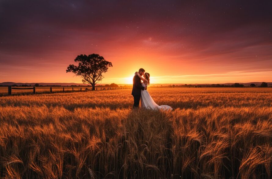 A stunning wide shot capturing timeless Marong Victoria country wedding photography, featuring a newly married couple embracing passionately at sunset in a golden field, dramatic warm light, professional color grading, showcasing rural charm.