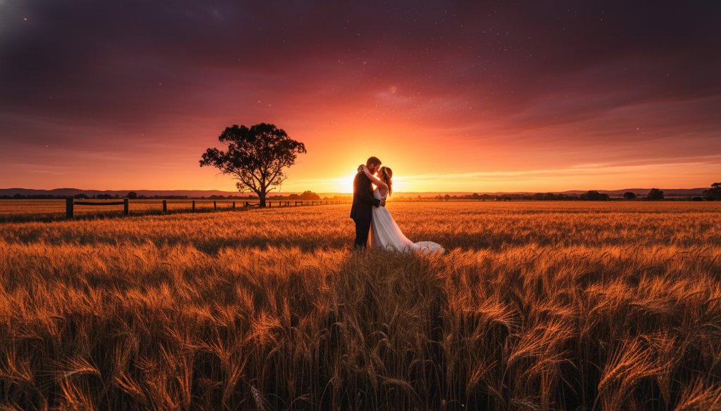 A stunning wide shot capturing timeless Marong Victoria country wedding photography, featuring a newly married couple embracing passionately at sunset in a golden field, dramatic warm light, professional color grading, showcasing rural charm.