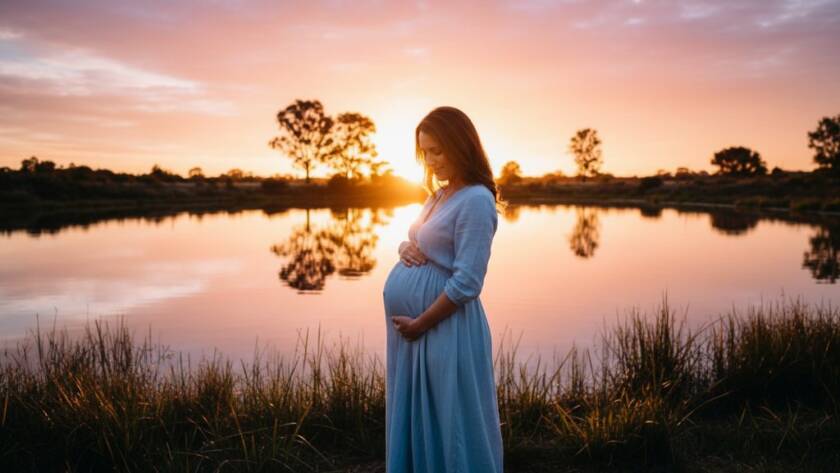A glowing expectant mother standing elegantly at sunset, overlooking the beautiful wetlands of Williams Landing, embodying timeless maternity photography, with soft, dramatic backlighting highlighting her silhouette and baby bump.