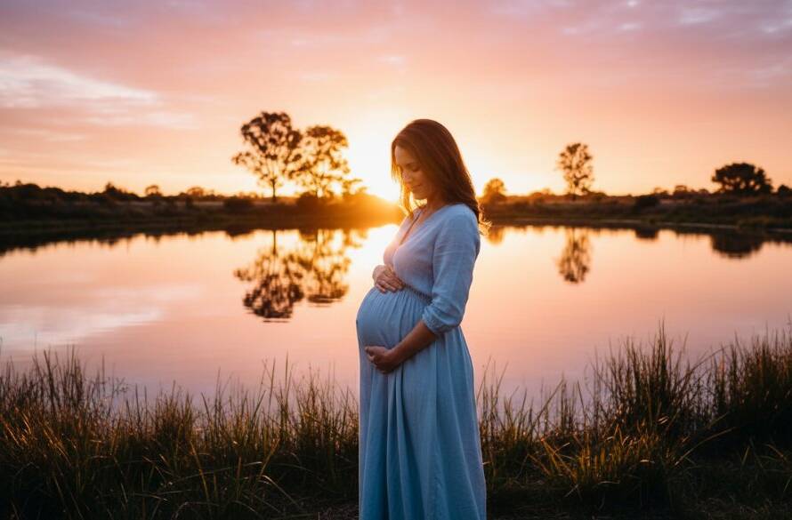 A glowing expectant mother standing elegantly at sunset, overlooking the beautiful wetlands of Williams Landing, embodying timeless maternity photography, with soft, dramatic backlighting highlighting her silhouette and baby bump.