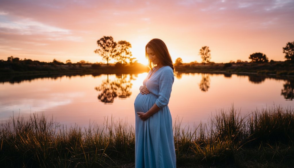 A glowing expectant mother standing elegantly at sunset, overlooking the beautiful wetlands of Williams Landing, embodying timeless maternity photography, with soft, dramatic backlighting highlighting her silhouette and baby bump.