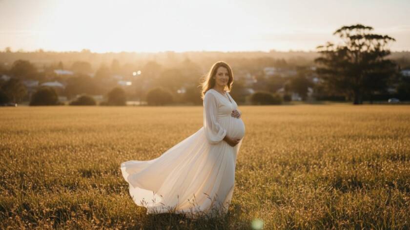 A radiant expectant mother in a flowing gown stands silhouetted against a golden sunset over McKinnon, Victoria, embodying the serene beauty of timeless McKinnon maternity photoshoots Victoria, captured with dramatic lighting.