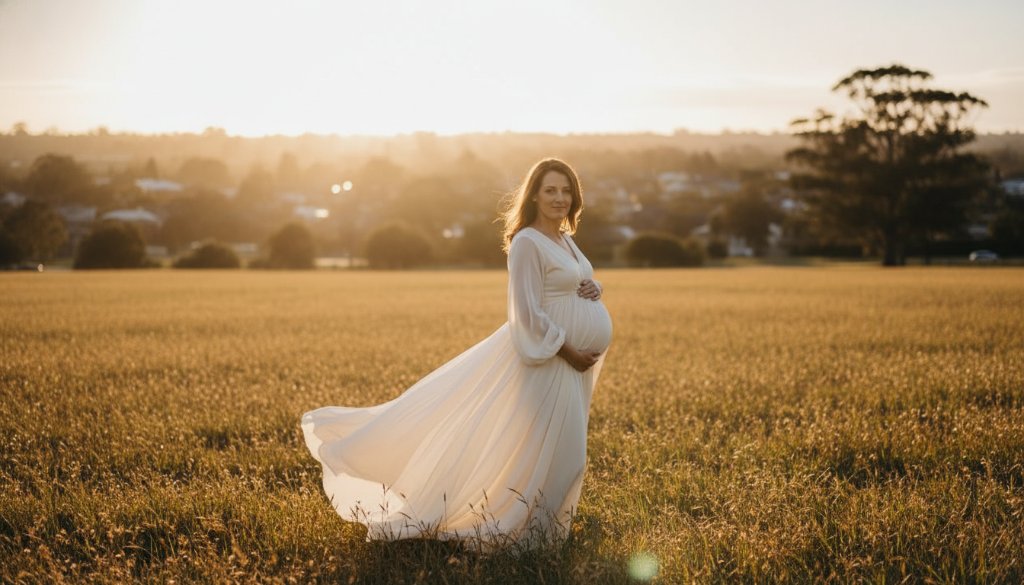 A radiant expectant mother in a flowing gown stands silhouetted against a golden sunset over McKinnon, Victoria, embodying the serene beauty of timeless McKinnon maternity photoshoots Victoria, captured with dramatic lighting.