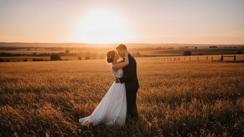 A breathtaking wide-angle shot of a newlywed couple embracing passionately at sunset in a golden field near Melton, Victoria, showcasing timeless Melton wedding photography capturing genuine joy with dramatic backlighting and a vibrant sky.