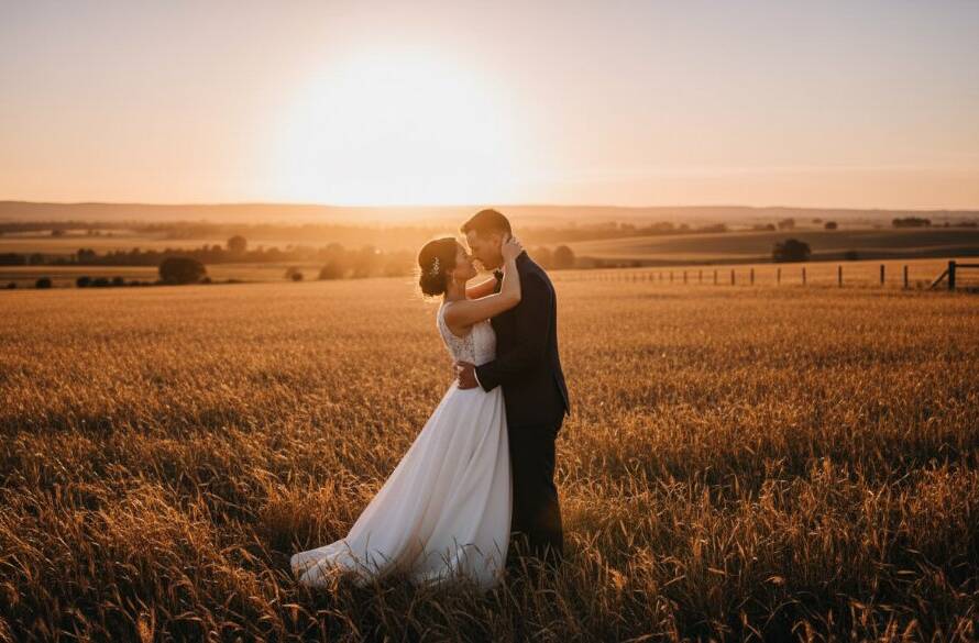 A breathtaking wide-angle shot of a newlywed couple embracing passionately at sunset in a golden field near Melton, Victoria, showcasing timeless Melton wedding photography capturing genuine joy with dramatic backlighting and a vibrant sky.