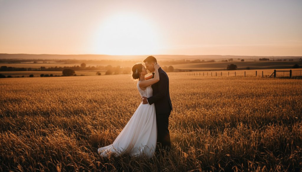 A breathtaking wide-angle shot of a newlywed couple embracing passionately at sunset in a golden field near Melton, Victoria, showcasing timeless Melton wedding photography capturing genuine joy with dramatic backlighting and a vibrant sky.