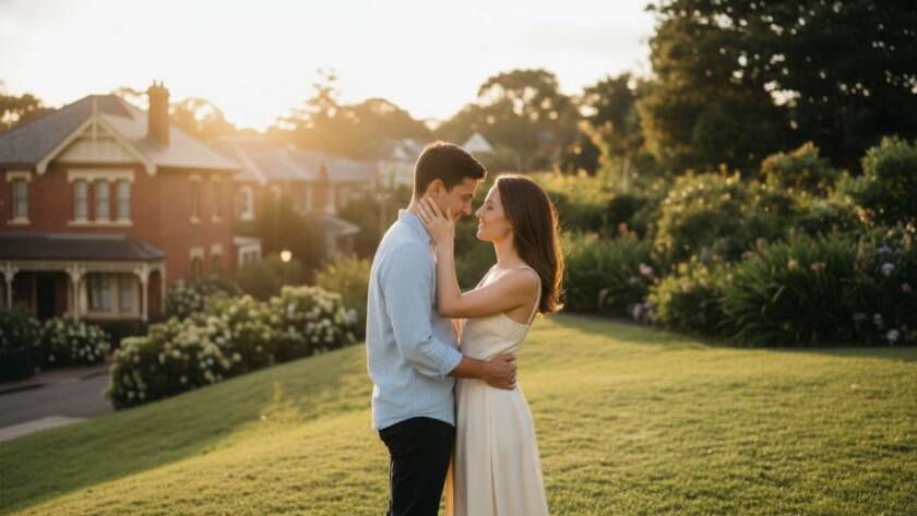 A couple in a tender embrace, silhouetted against a dramatic sunset at a scenic Mont Albert park, captured with timeless Mont Albert engagement photography. The golden hour light bathes them in a warm glow, highlighting their connection and the beautiful Australian landscape.