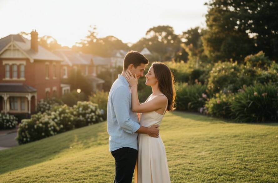 A couple in a tender embrace, silhouetted against a dramatic sunset at a scenic Mont Albert park, captured with timeless Mont Albert engagement photography. The golden hour light bathes them in a warm glow, highlighting their connection and the beautiful Australian landscape.