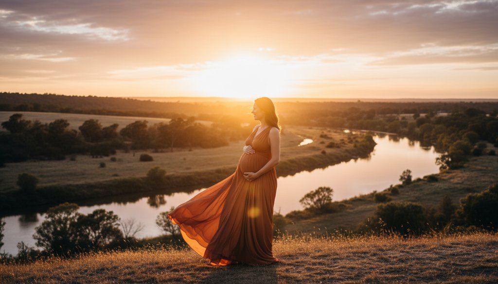 A glowing pregnant woman, elegantly draped, stands silhouetted against a golden Mooroopna sunset, embodying a timeless Mooroopna outdoor maternity photoshoot. Her hand cradles her belly, capturing an epic, emotional moment in nature with dramatic light.