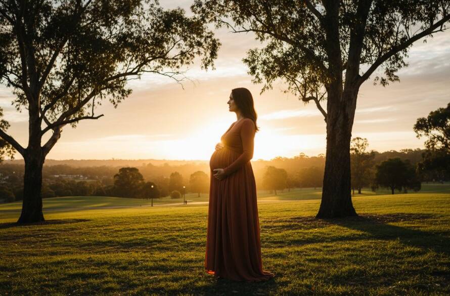 An expectant mother in a flowing gown, embracing her baby bump, silhouetted against a golden sunset over a scenic park in Mount Waverley, Victoria, during a Timeless Mount Waverley Maternity Photoshoot Victoria, captured with dramatic, cinematic lighting.