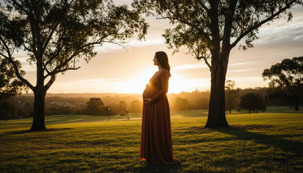An expectant mother in a flowing gown, embracing her baby bump, silhouetted against a golden sunset over a scenic park in Mount Waverley, Victoria, during a Timeless Mount Waverley Maternity Photoshoot Victoria, captured with dramatic, cinematic lighting.