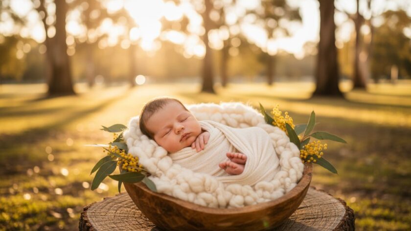 A heartwarming, professionally colour-graded photograph showcasing timeless newborn baby photography Dennington Victoria, featuring a peacefully sleeping baby swaddled in soft organic fabric, cradled in a natural wooden basket adorned with native Australian flora, bathed in gentle, golden hour light filtering through tall gum trees in a Dennington park, capturing a serene and precious moment with a shallow depth of field.