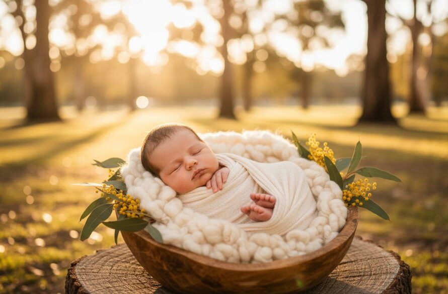A heartwarming, professionally colour-graded photograph showcasing timeless newborn baby photography Dennington Victoria, featuring a peacefully sleeping baby swaddled in soft organic fabric, cradled in a natural wooden basket adorned with native Australian flora, bathed in gentle, golden hour light filtering through tall gum trees in a Dennington park, capturing a serene and precious moment with a shallow depth of field.