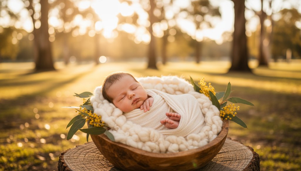 A heartwarming, professionally colour-graded photograph showcasing timeless newborn baby photography Dennington Victoria, featuring a peacefully sleeping baby swaddled in soft organic fabric, cradled in a natural wooden basket adorned with native Australian flora, bathed in gentle, golden hour light filtering through tall gum trees in a Dennington park, capturing a serene and precious moment with a shallow depth of field.