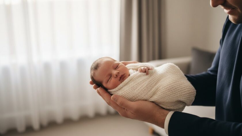 A heartwarming and timeless newborn baby photos Geelong families moment, featuring a sleeping baby cradled by parents' hands against a soft, sunlit backdrop in a Geelong home, capturing pure innocence.