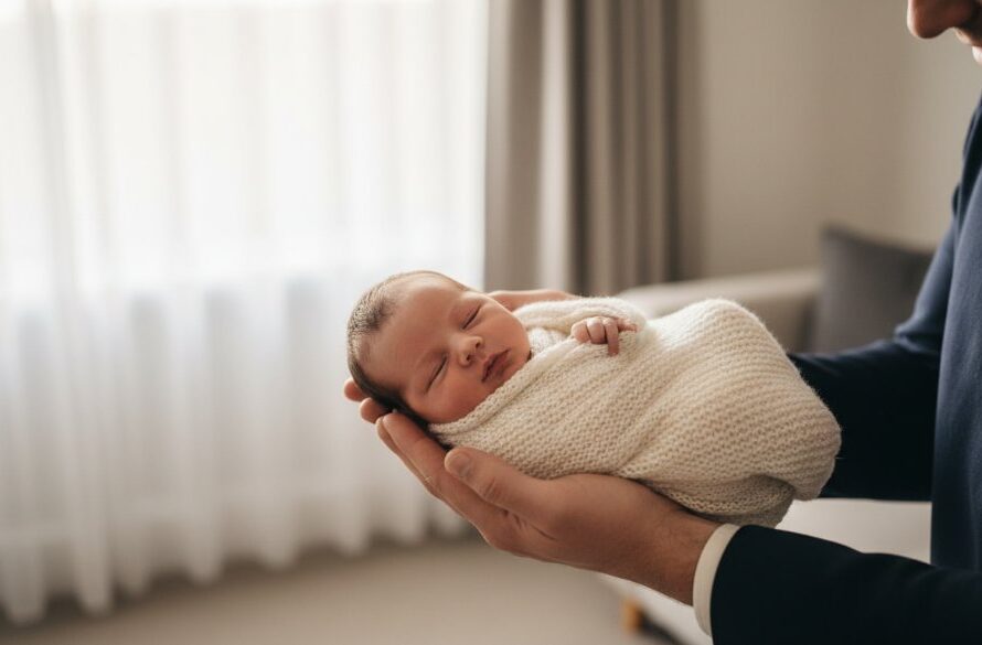 A heartwarming and timeless newborn baby photos Geelong families moment, featuring a sleeping baby cradled by parents' hands against a soft, sunlit backdrop in a Geelong home, capturing pure innocence.