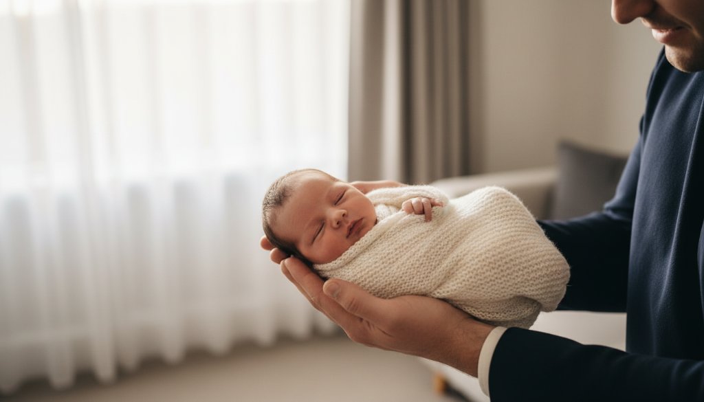 A heartwarming and timeless newborn baby photos Geelong families moment, featuring a sleeping baby cradled by parents' hands against a soft, sunlit backdrop in a Geelong home, capturing pure innocence.