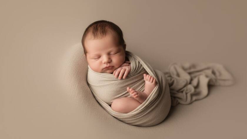 An emotionally resonant and visually stunning epic moment photograph of a newborn baby peacefully sleeping, swaddled in soft, natural fibres, held gently in a parent's hands, bathed in dramatic, soft golden hour light filtering through a window in a Bentleigh home. The focus is on the baby's delicate features, with a shallow depth of field, showcasing timeless newborn photography Bentleigh artistry and professional colour grading.